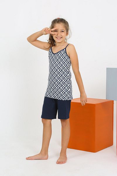 Akbeniz Navy Blue Combed Cotton Pajama Set - Girl's Rope Strap Shorts 20430