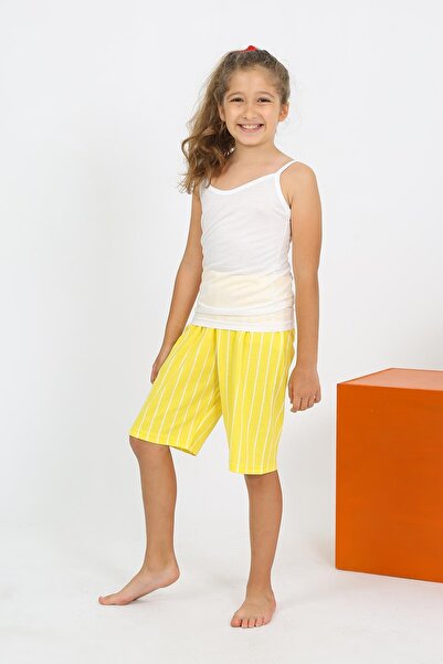 Akbeniz Girl's Rope Strap Shorts Combed Cotton White Pajama Set 20430