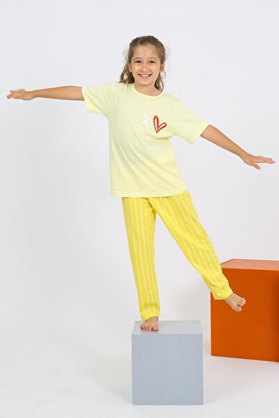 Akbeniz Short Sleeve Yellow Combed Cotton Girl's Pajama Set - 20432