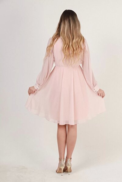 rapellin Φόρεμα σιφόν με διπλό γιακά ελαστική μέση 1782-Κρέμα