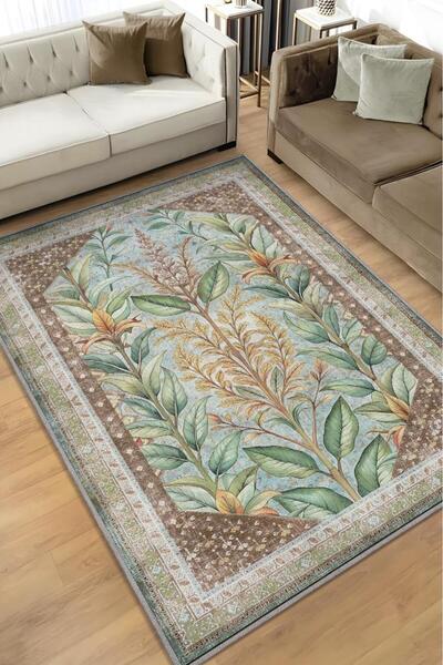 Homshtag Art Deco Ada Çayı Bitki Temalı Soft Yeşil Renkli Etnik Desenli Dijit...