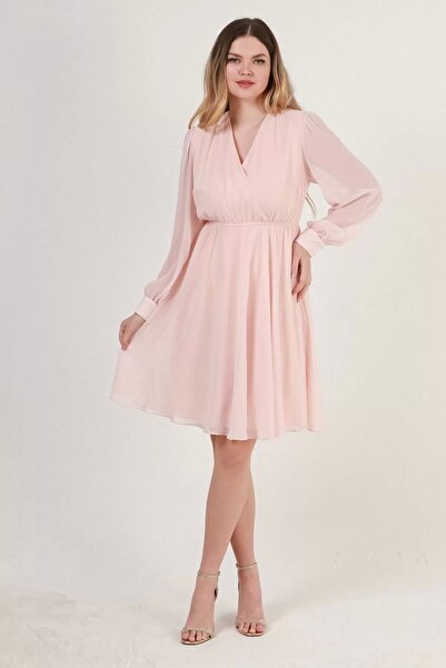 rapellin Φόρεμα σιφόν με διπλό γιακά ελαστική μέση 1782-Κρέμα