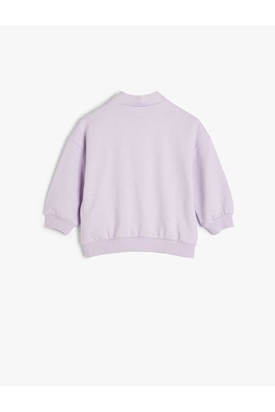 Koton Printed Raised Long Sleeve Sweatshirt with Stand Collar and Half Zipper