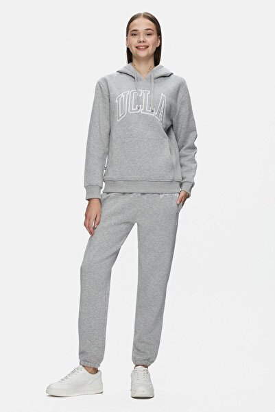 UCLA JOYCE Gri Kapüşonlu Ve Fermuarlı Pamuklu Aplikeli Şardonlu Standard Fit Kadın Sweatshirt
