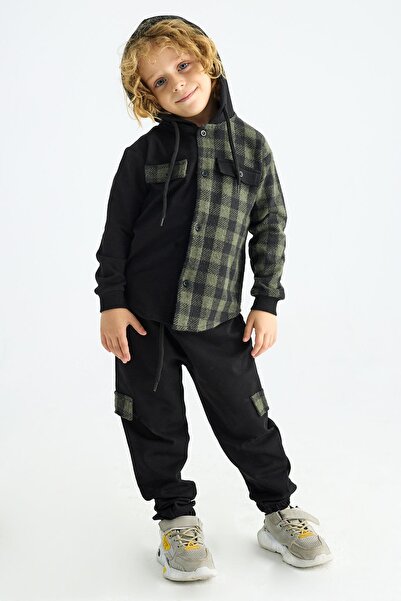 zepkids Hooded Long Sleeve Plaid Pocket Khaki Color Boy's Tracksuit Set