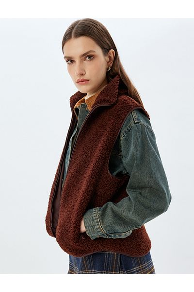 Koton Zippered Stand Collar Plush Vest with Pockets