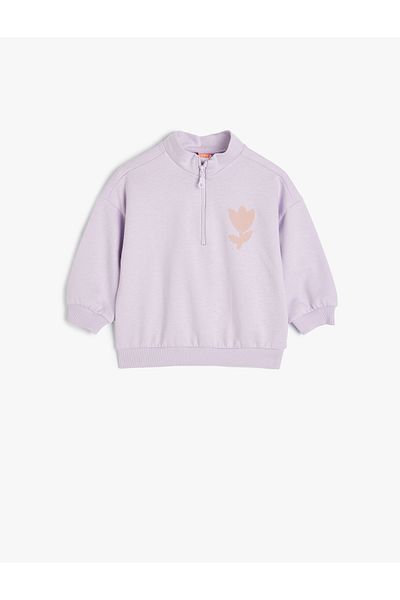 Koton Printed Raised Long Sleeve Sweatshirt with Stand Collar and Half Zipper