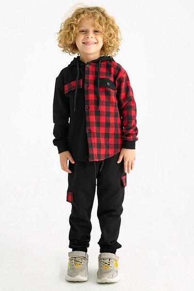 zepkids Hooded Long Sleeve Plaid Pocket Red Color Boy's Tracksuit Set