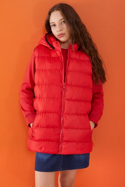Cansın Mini Red Hooded Children's Puffer Vest with Zipper Pocket 17531