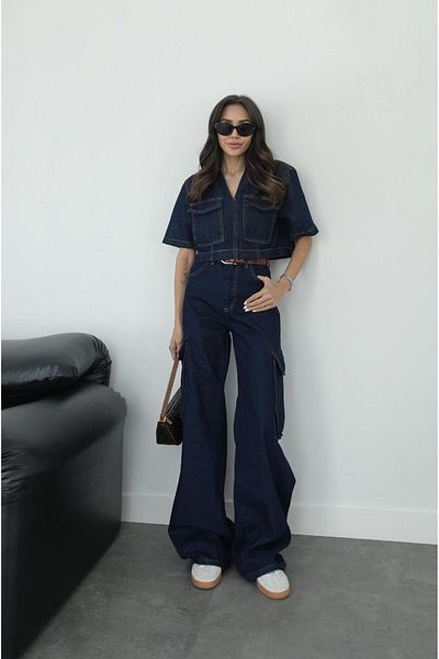 Havoş Navy Blue Blouse Cargo Jean Set