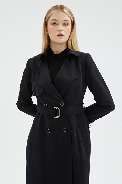 Zühre Zincir ve Kemer Detaylı Siyah Trençkot 12615