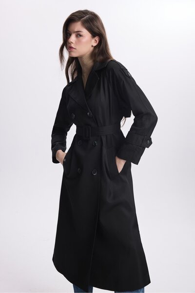 Zühre Μαύρη ζωσμένη καμπαρντίνα με διπλό γιακά 13365