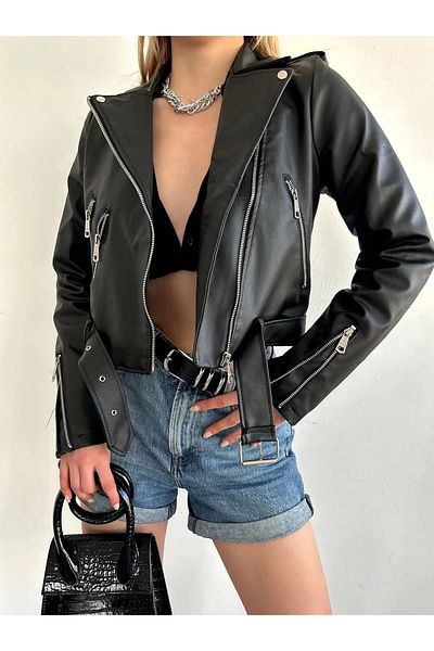Zoom Butik Leather Biker Jacket - Belt Detailed