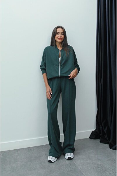 Havoş Faye Emerald Green Zippered Sweatshirt and Sweatpants Set