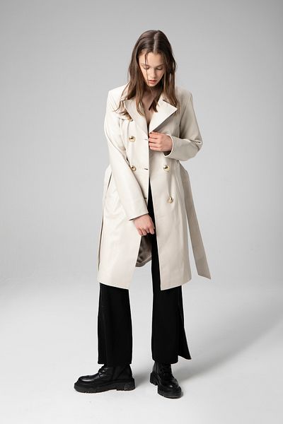Dericlub Paris Women's Beige Genuine Leather Double Breasted Collar Belted Trench Coat