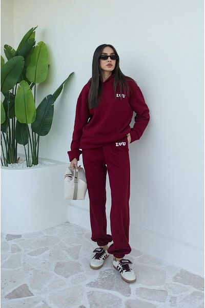 Havoş Love Printed Claret Red Tracksuit Set