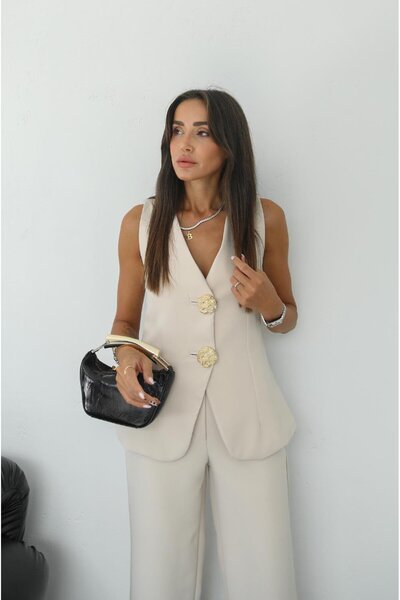 Havoş Stone Color Large Gold Buttoned Vest Trousers Set