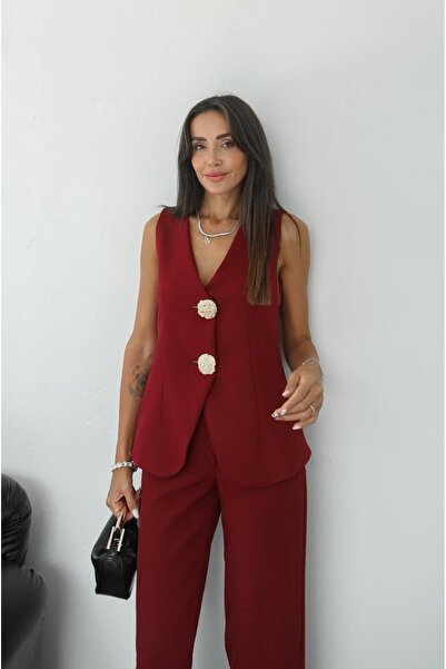 Havoş Claret Red Gold Buttoned Vest and Trousers Set