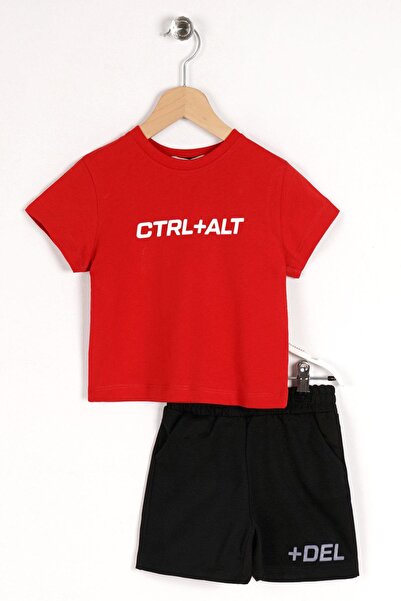 zepkids Crew Neck Short Sleeve Box Text Printed Pocket Detailed Red Color Boy's Shorts Set