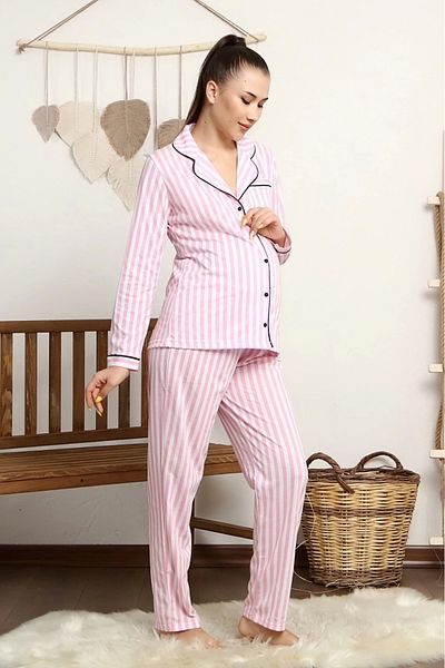 LİKAPA Pink Striped Maternity and Maternity Long Sleeve Pajama Set - Front Buttoned