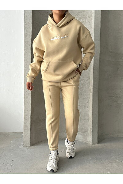 Cappmoda Tkm-03630 Mink Wake up Embossed Printed Hooded Sweatshirt Jogger Tracksuit Three Thread Raster Double