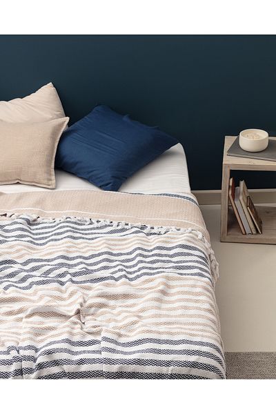 Madame Coco Sheryl Double Bedspread - Beige/dark blue