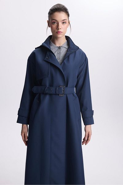 Zühre Navy Blue Hooded Trench Coat - Sleeve and Belt Detail 13528