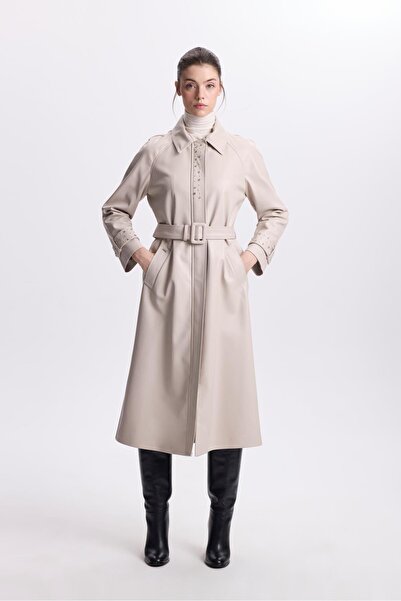 Zühre Kol Detaylı Kemerli Deri Taş Trençkot 13518