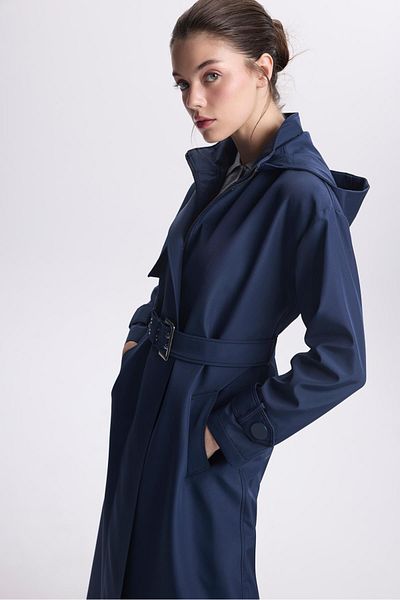 Zühre Navy Blue Hooded Trench Coat - Sleeve and Belt Detail 13528