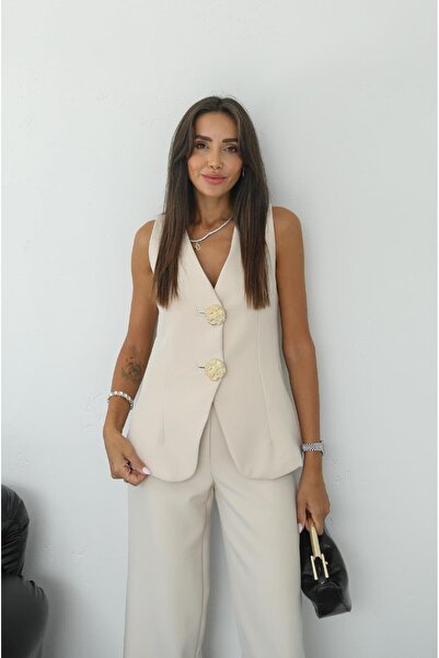Havoş Stone Color Large Gold Buttoned Vest Trousers Set