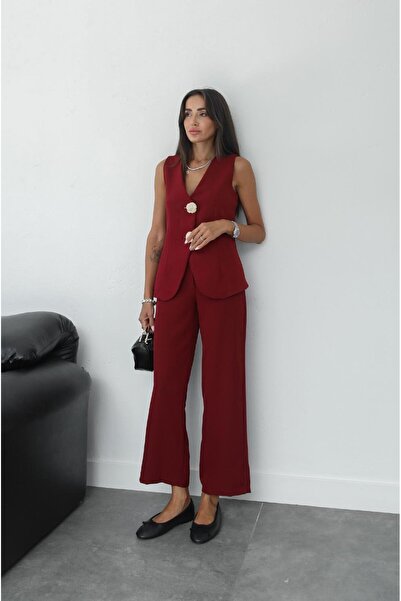 Havoş Claret Red Gold Buttoned Vest and Trousers Set