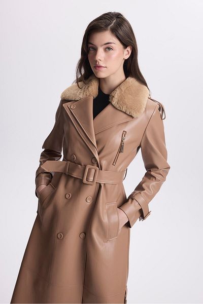 Zühre Camel Leather Fur Collar Trench Coat - Zipper Detailed 13527