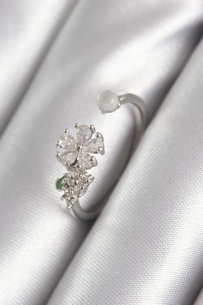 Epatim Brass Silver Color Zircon Stone Flower Model Women's Ring