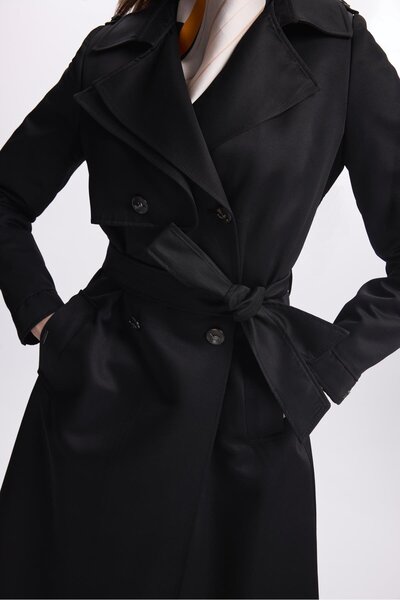 Zühre Kruvaze Yaka Düğme Detaylı Siyah Trençkot 13548