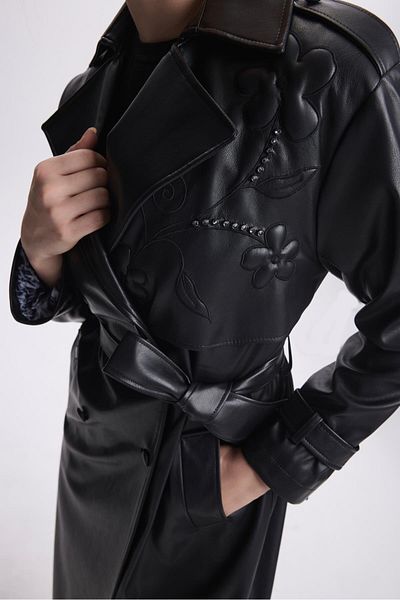 Zühre Black Leather Trench Coat 13526 - Embroidered and Stone Detailed