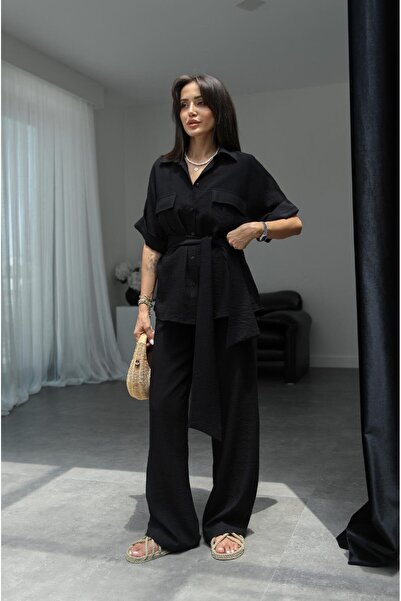 Havoş Black Shirt and Trousers Set - Belted