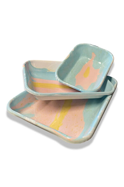 Bidoluraf Ebruli Desen Emaye Meze Tabağı Seti (3 Parça)