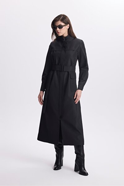 Zühre Dik Yaka Cep Detaylı Siyah Trençkot 13540