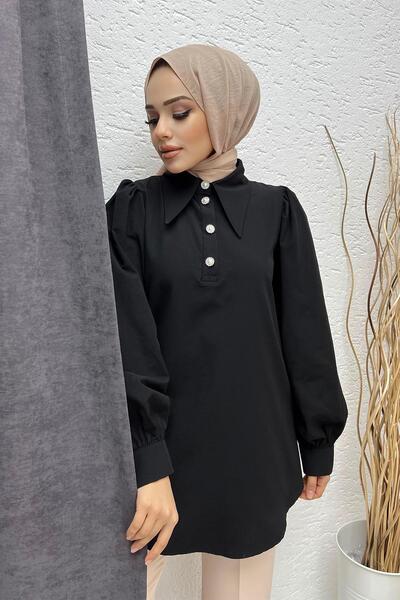 Modaensarbutik Taş Düğmeli Poplin Gömlek-SİYAH