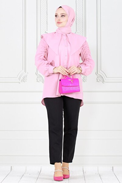 Sevitli Ροζ τουνίκ - μανίκι με μεγάλη λαιμόκοψη και λεπτομέρεια με κορδόνι