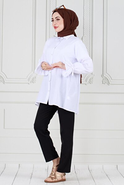 Sevitli Tunic with Pleated Back and Gathered Sleeves-White