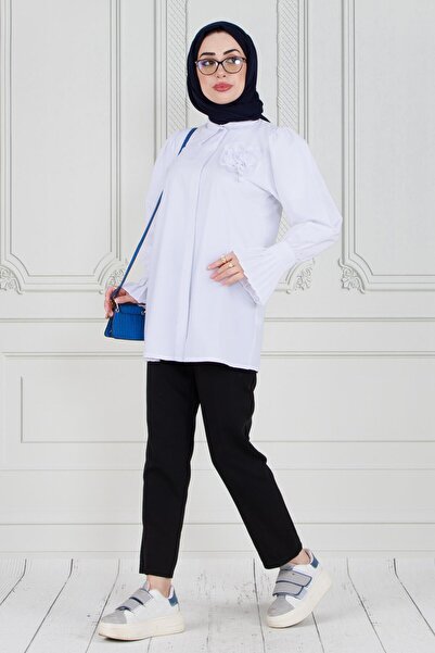 Sevitli White Tunic - Rose Brooch and Ruffle Sleeve