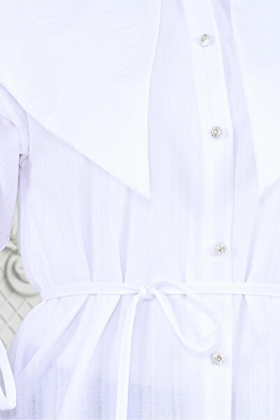 Sevitli White Tunic - Gather Detailed, Large Collar Sleeve