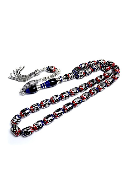 Tesbih Ruyasi Bordo Mavi Galalit ve Gümüş İşlemeli Erzurum Oltu Taşı Tesbih