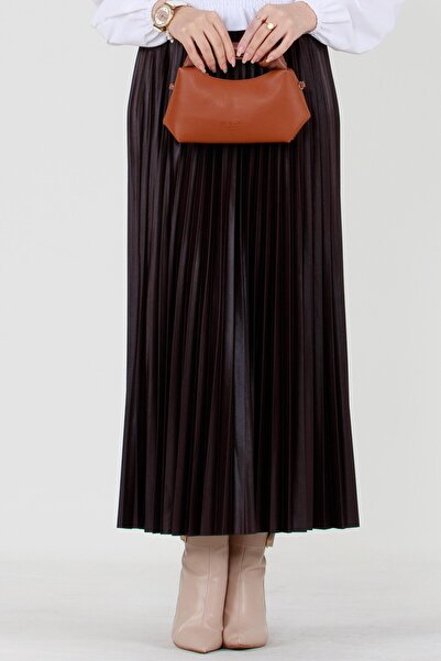 Sevitli Πλισέ Λεπτομερής Φούστα-καφέ