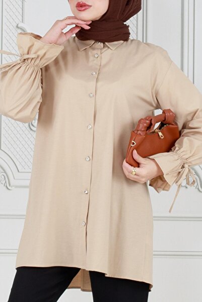 Sevitli Τονίκ με πλισέ πλάτη και μαζεμένο μανίκι-Μπεζ