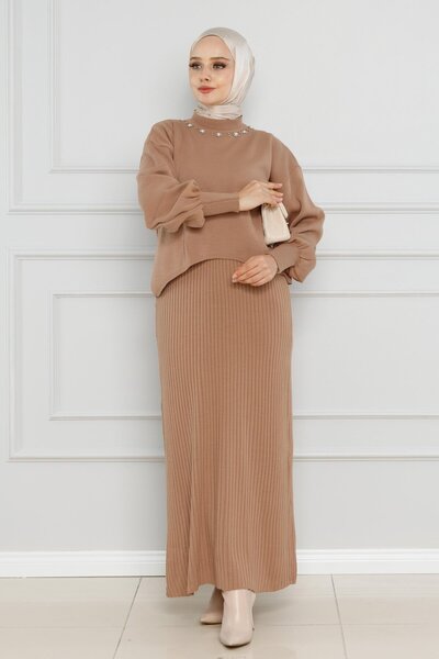 Sevitli Mink Double Knitwear Set - Collar with Pearls and Gilet