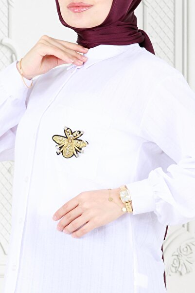 Sevitli White Linen Tunic with Bee Detail on Pocket