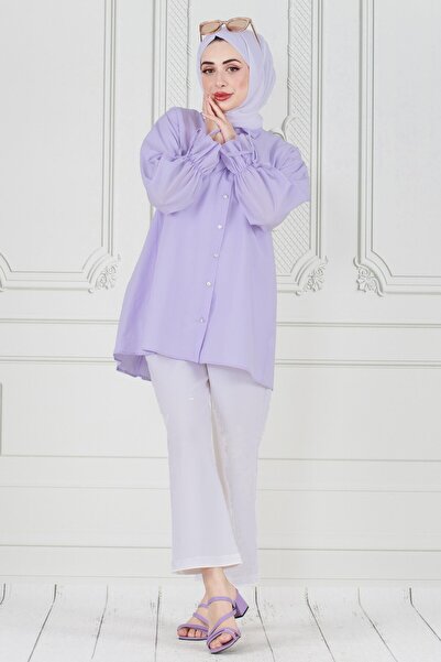 Sevitli تونيك بأكمام مطوية وحزام مطاطي في الخلف - أرجواني