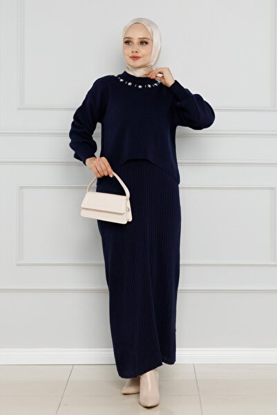Sevitli طقم تريكو مزدوج باللون الأزرق الداكن - مرصع باللؤلؤ والجيل